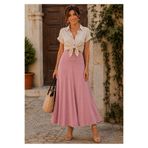 STYLENEST Kadın Pembe Yüksek Bel Çan Kesim Uzun Etek Lastikli Bel Rahat Kalıp Maxi Etek