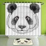 Su geçirmez Duş Perdesi ve Banyo Halısı Seti Hayvan Asya Panda Kabarık Sevimli Şişman Hayvan Alıntı El Çizimi Resim Sanatı Siyah Banyo Perdesi ve Paspas Banyo için Takım Elbise Ekstra Geniş Boyut