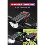Su Geçirmez Güneş Enerjili LED Işıklı Bisiklet Farı - Kornalı USB ile Şarj Edilebilir Fener - 11 cm