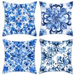 Su geçirmez Mermer Yastık Kılıfları 40 x 40 cm - Açık Veranda Bahçe Kanepe ve Sandalye için 4'lü Dekoratif Yastık Kılıfı Seti - Çift Taraflı Çiçek Baskılı Keten Kumaş