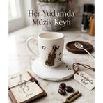 Su Tasarım Evi [özel Tasarım] El Yapımı Hediyelik Keman Müzik Fincan + Keman Figürlü Tabak Türk Kahvesi Fincanı - Kahverengi