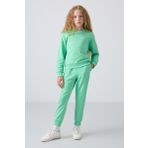 Su Yeşil Pamuklu İçi Tüylü Yumuşak Dokulu Oversize Nakışlı Kız Çocuk Eşofman Takım - 75145