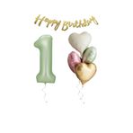 Su Yeşili Renk Rakam Kalp Balon Happy Bırthday Yazılı Doğum Günü Seti Yaş 1