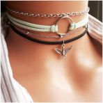 Su Yeşili & Siyah Renk Süet Kadın Albatros Kuşu & Round Dörtlü Choker Kolye