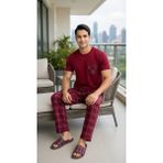 Sude Homewear Erkek Ekoseli Kısa Kollu Pijama Takımı Bordo Renkli Cep Detaylı 2 Parça Set - 5830-Bordo - 2XL