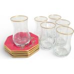 Sudedi Home 6 Kişilik Çay Bardağı ve Kırmızı Altıgen Çay Tabağı Seti - 150 ml