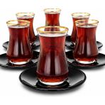 Sudedi Home 6 Kişilik Gold Yaldızlı Cam Çay Bardağı ve Siyah Porselen Çay Tabağı Takımı 12 Parça Şık Sunum Seti - Siyah - Altın - 100 - 200 ml