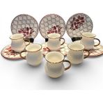 Sudedi Home Kırmızı Beyaz Desenli Porselen 6 Kişilik Türk Kahvesi Fincan Takımı - Gold - Beyaz - 90 ml