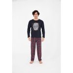 sudem Erkek Ekose Yazlık Uzun Kollu Pamuklu Pijama Takımı - 09L-Lacivert