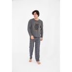 sudem Erkek Ekose Yazlık Uzun Kollu Pamuklu Pijama Takımı - Antrasit - Füme