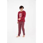 sudem Erkek Ekose Yazlık Uzun Kollu Pamuklu Pijama Takımı - Bordo - 2XL