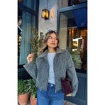 Sue Store Antrasit Gömlek Yaka Kürk Dokulu Astarlı Bomber Ceket - XL