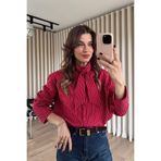 Sue Store Kırmızı Beyaz Çizgili Fular Detaylı Gömlek