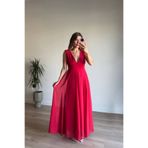 Sue Store Kırmızı Derin V Yaka Kalın Askılı Astarlı Şifon Elbise