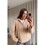 Sue Store Pudra Fermuarlı Saç Örgü Kazak - Standart