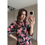 Sue Store Yeşil Somon Çiçekli Bisiklet Yaka Kemerli Elbise