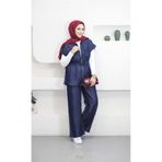 Suede Style 6109 - Rahat Salaş İnce Denim Kumaş Bel Büzgü Detaylı Kadın Uzun Yelek Pantolon Takımı