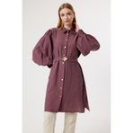 Suede Style 6423 - Rahat Fermuarlı Düğmeli Viva Balon Kol Bel Kemer Detaylı Uzun Tunik Kap