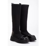 SUENO SHOES Kadın Siyah Streç Poli Taban Çizme Mix Rugan Detaylı Çizme