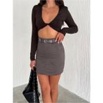 Süet Etek Kemerli / Belt Suede Skırt Model - Gri