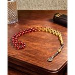 Sufi Tesbih Esans Ve Hediyelik Sıkma Kehribar Tesbih 12X8 mm Arpa Kesim Kırmızıdan Sarıya Geçişli Gümüş Kaplama Püsküllü Premium Tesbih - Sarı - Kırmızı