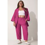 SUHIS Büyük Beden Pembe Kimono Pantolon Örme Takım