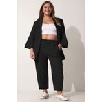 SUHIS Büyük Beden Siyah Kimono Pantolon Örme Takım