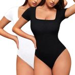 SUIUOI 2 adet kadın bodysuits köşeli kesimli kısa kollu, Bodysuit Tops kadın body stringbody tulum üst giyim, günlük giyim, siyah+beyaz, XL