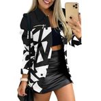 SUIUOI Blazer kadın şık, fermuarlı küçük işe gidip gelme montu, baskılı yaka iş kıyafeti, kadın, uzun blazer, ters yaka, iki sıralı kareli parti blazer ceket, Siyah ve Beyaz, M