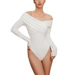 SUIUOI Body Shaper Kadın Uzun Kollu, Off Shoulder Elegant Bodys Tops Body V Yaka Bodysuit String Üst Uzun Kollu Tek Omuz Bodysuits Üst Giysi İç Vücut, Beyaz, S