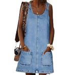 SUIUOI Kadın kısa kot elbise, dar kesim denim mini elbise, U yaka, kolsuz tunik, evaze, gündelik yazlık elbise, Açık mavi, M