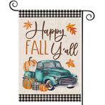 Şükran Günü Happy Fall Y'all Bahçe Bayrakları Dışarısı için, 12 x 18 Çift Taraflı, Kabak Akçaağaç Yapraklı Hasat Buffalo Ekose Kamyon, Yama Çiftlik Evi Sonbahar Dış Mekan için Küçük Bahçe Bayrakları