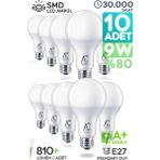Suled LED Ampül 10 Adet 9W Smd Süper LED Beyaz Işık 810LM 6500K Tasarruflu Lamba