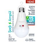 SULED Şarjlı Ampül 15W Beyaz Işık Tavan Kamp Işığı Acil Durum El Feneri Type-C 220V Şarjlı Beyaz E27 Duy