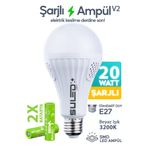 SULED Şarjlı Ampül 20W Acil Durum & Kamp Işığı 2X Bataryalı 220V Beyaz Işık E27 Duy Otomatik