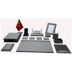 Sümen Dünyası Hanedan Gri-Siyah Isimlikli Evrak Rafı Resim Çerçevesi Bayraklı Lüx 15 Parça Sümen Takımı - Gri - Siyah - DERİ - 51*37