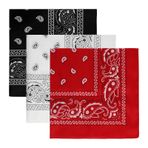 SUMERSHA 3 adet şal desenli bandanalar erkekler ve kadınlar için kovboy Bandana mendiller kare kafa şal eşarp, Siyah, Kırmızı, Beyaz, 22 x 22 inch
