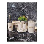 Sümeyra Marble Art Sumeria - Doğal Bej Mermer Banyo Seti | 9 Parça | Gold | Mermer Kase | Cam Kulplu |