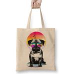 Summer Pug Gözlüklü Pug Köpek Bez Çanta Uzun Saplı - Açık Bej - 40 X 40