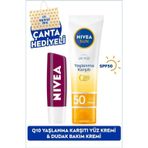 Sun Q10 Yaşlanma Karşıtı Güneş Koruyucu Yüz Kremi 50ml Ve Böğürtlen Dudak Bakım Kremi, Çanta Hediye