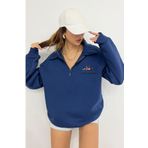 Sun Victoria Unisex Lacivert Polo Yaka Oversize 3 İplik Şardonlu Nakışlı Sweatshirt