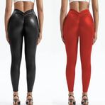 Suni Deri Tayt, Arkası Büzgülü, Normal Lastik Bel, Siyah,Kırmızı ve 2 'li Set Seçenekleri,Fitness,Spor,Yogo (2'li SET, 3XL)