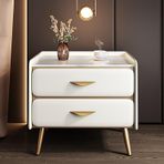 Suni Mermer Üst ve Suni Deri Kaplamalı Modern Lüks Komodin Minimalist Komodin, Yatak Odası ve Oturma Odası için 2 Çekmeceli Saklama Dolabı Zarif Yan Sehpa (Bej 50x40x52c