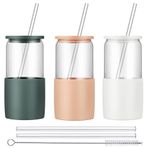 Sunseeke Kapaklı ve Pipetli Cam Bardaklar, Silikon Kılıf, Temizleme Fırçaları, Su İçme Bardakları, Buzlu Çay veya Kahve, Smoothie ve Daha Fazlası - BPA İçermez (Kumlu Bej, Beyaz, Kayrak mavi-gri)