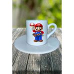Super Mario Oyun Baskılı Türk Kahvesi Fincanı Tabaklı Kişiye Özel Model 2
