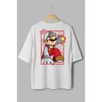 Super Mario Sırt Baskılı Yarı Oversize Beyaz T-Shirt 1141 - XL