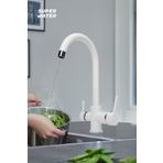 Süper Water Beyaz Kaplamalı Arıtma Çıkışlı 3 Yollu Kuğu Musluk Mutfak Eviye Bataryası