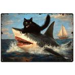 SUPERDANT Metal tabela kedi avı ile deniz hayvanı teneke levha Vintage kır evi sanatı retro sac levha köpek balığı yatak odası dekorasyonu vintage levha mutfak yemek odası bar için metal plaka poster