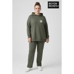 Superlife Büyük Beden Kapşonlu M Baskılı Tunik Ince Sweatshırt SPR26BTK991-4 - Haki - 5XL