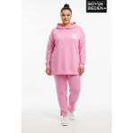 Superlife Büyük Beden Kapşonlu M Baskılı Tunik Ince Sweatshırt SPR26BTK991-4 - Pink - 3XL